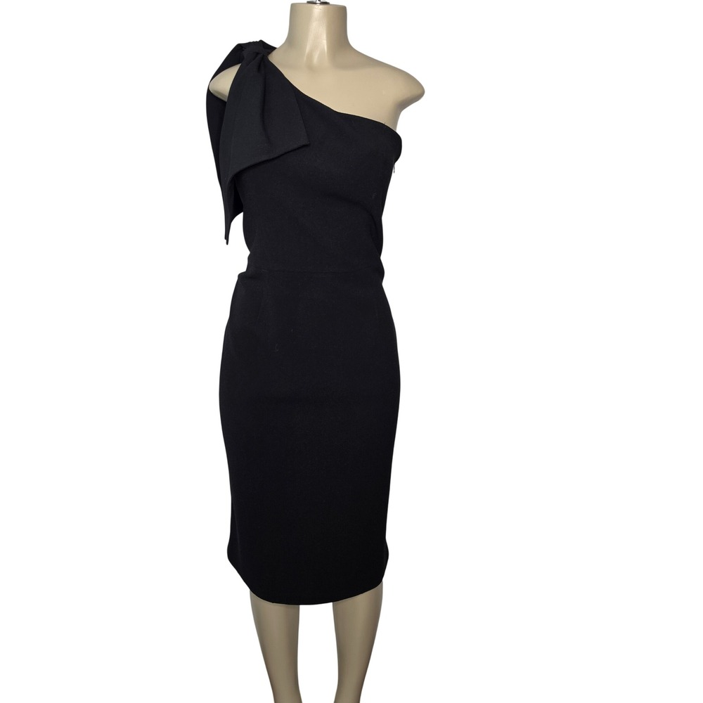Dress The Population Dress Womens XL Black One Shoulder Bow Midi Cocktail 3054